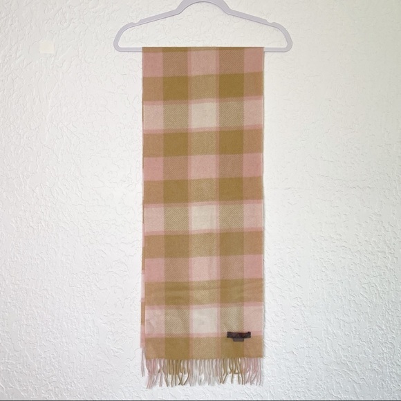 Louisa Perini 100% Cashmere fringe Plaid Scarf Pink & Beige - Picture 2 of 6